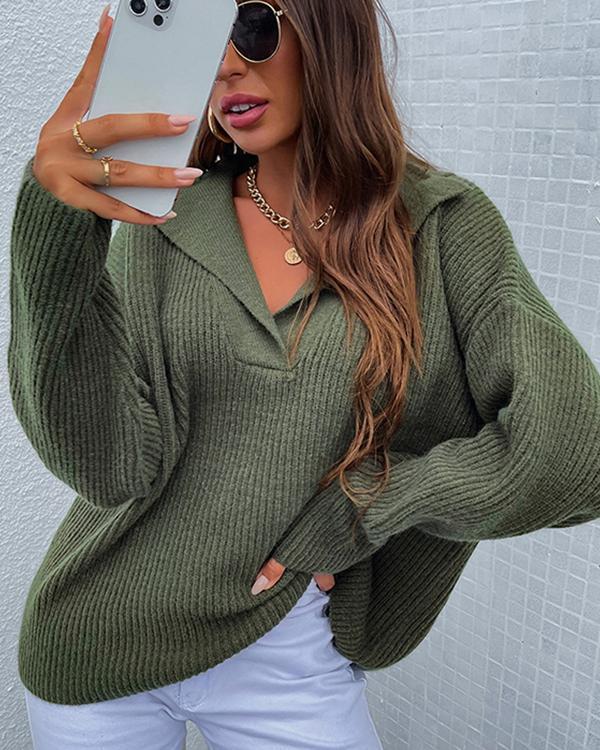 Fashion Loose Fit Rib Sweater Knitting V Neck Solid Top