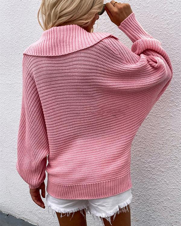 Casual Lantern-sleeve Knitting V Neck Solid Sweater