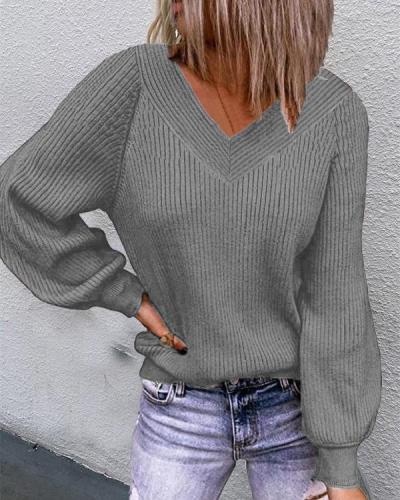 Casual Lantern-sleeve V Neck Rib Knitting Sweater