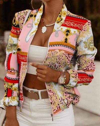 Floral Print Long Sleeve Zip Up Jacket