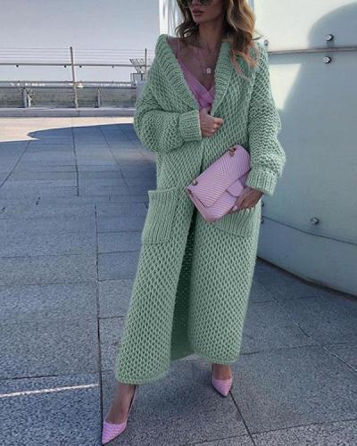 Solid Knitting Warm Cardigan Winter Long Coat With Pockets