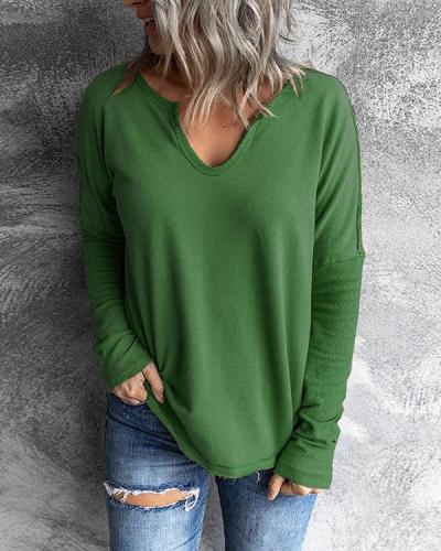 Stitching V-neck Long-sleeved Sweatshirt Solid Casual Tops