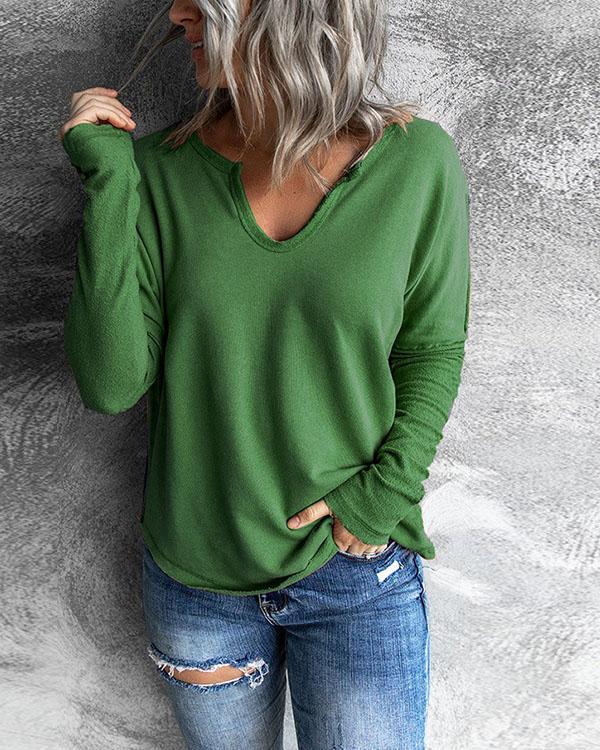 Stitching V-neck Long-sleeved Sweatshirt Solid Casual Tops