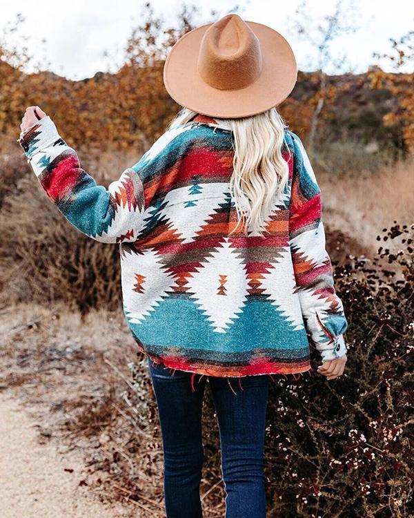 Retro Geometric Print Woolen Loose Fashion Jacket