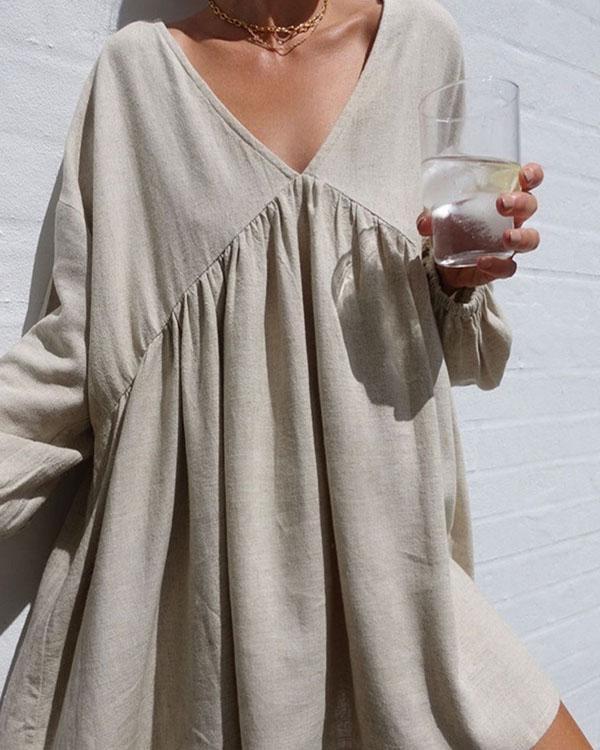 Linen Cotton V Neck Pleated Lantern Sleeve Mini Dress Casual Dress