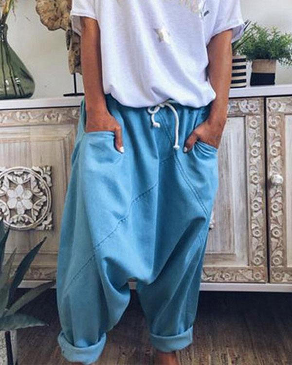 Fashion Cotton Solid Drawstring Waist Loose Pants with Pockets