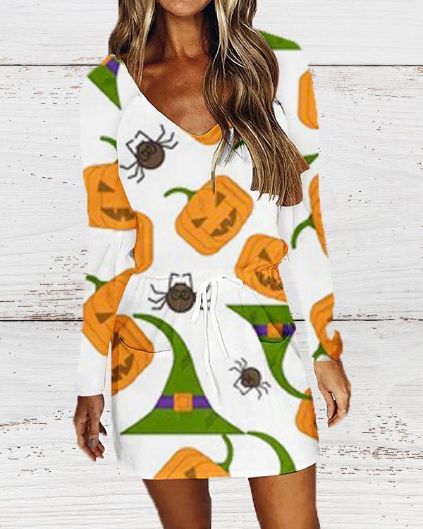 Halloween V-neck Printed Long Sleeve Dress