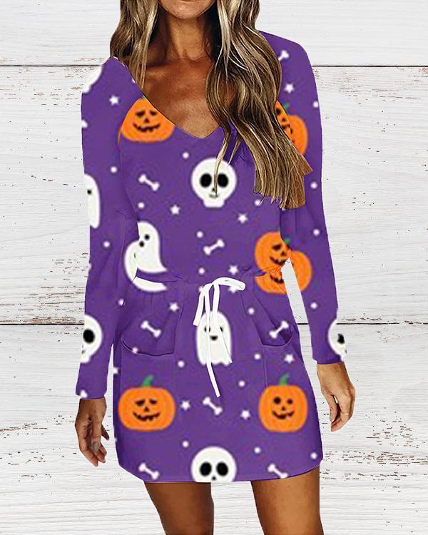 Halloween V-neck Printed Long Sleeve Dress