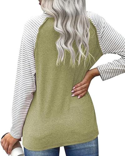 Color Block Striped High Neck Long Sleeves T-shirts