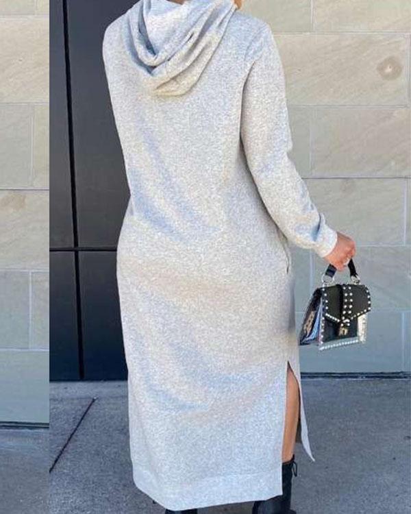 Women Solid Hooded Sweartshirt Dress Long Sleeve Slit Maxi Dress