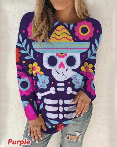 Halloween Skull Floral Print Fall Round Neck Casual Long Sleeve Tops