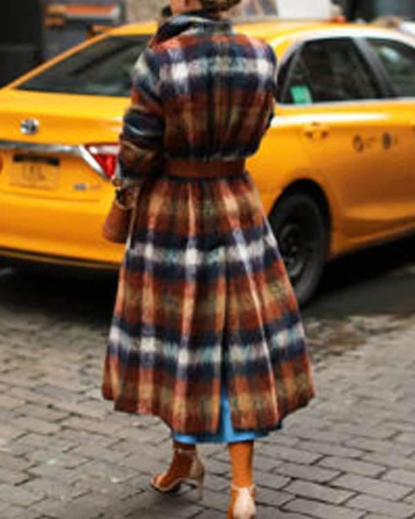 Fashion Grid Turn Down Neck Long Coats