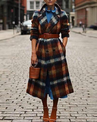 Fashion Grid Turn Down Neck Long Coats