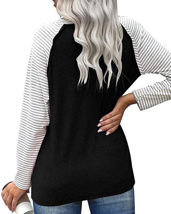 Color Block Striped High Neck Long Sleeves T-shirts