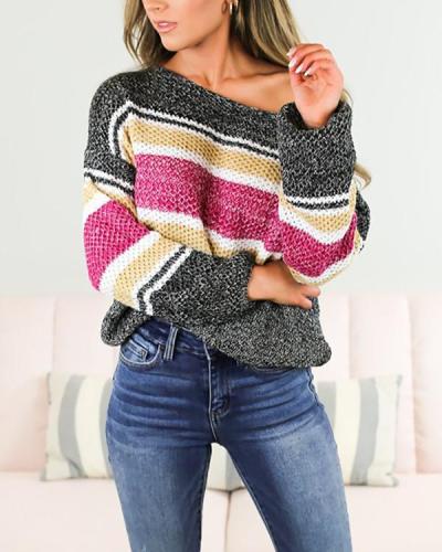 Sexy Oblique Shoulder Stripe Knittting Autumn Sweater