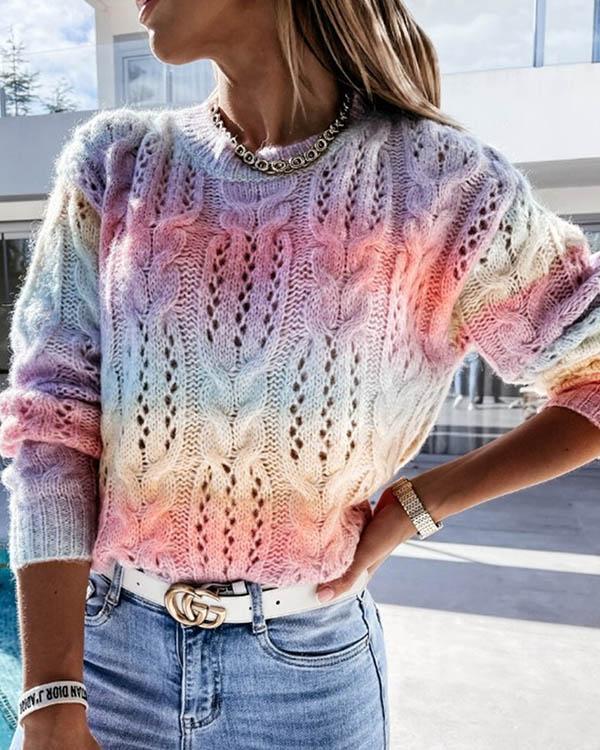 Tie Dye Pattern Crochet Round-Neck Pullover Knit Sweater