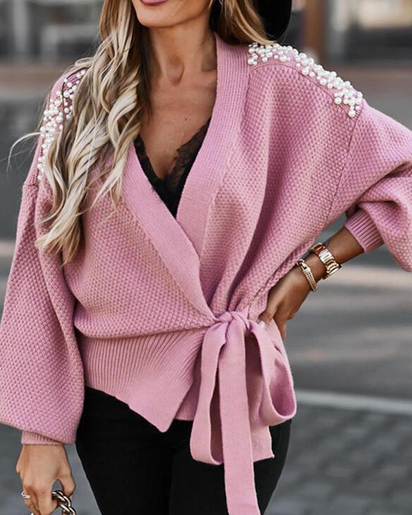 Wide-sleeved Knitted Cardigan With Tie