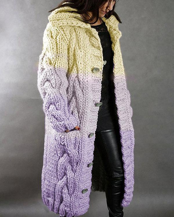 Winter Hooded Chunky Knit Button Cardigan Tie Dye Long Coat With Pockets
