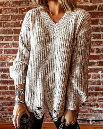 Ripped Knit Long-sleeved Sweater