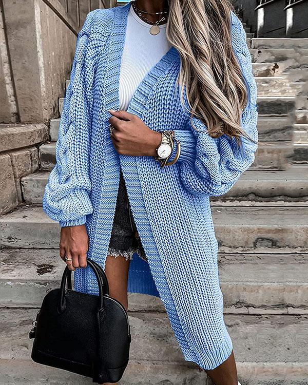 Winter Collarless Chunky Knit Cardigan Twist Weaving Sleeve Long Coat