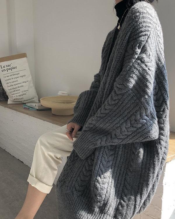 Winter Collarless Solid Cable Knitted Cardigan Loose Long Coat