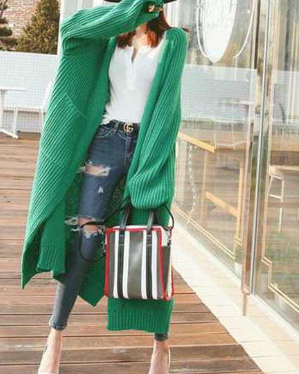 Winter Collarless Loose Fit Solid Cardigan Split Long Coat