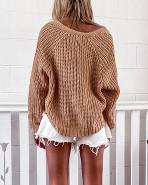 V-neck Long-sleeved Casual Knitted Sweater