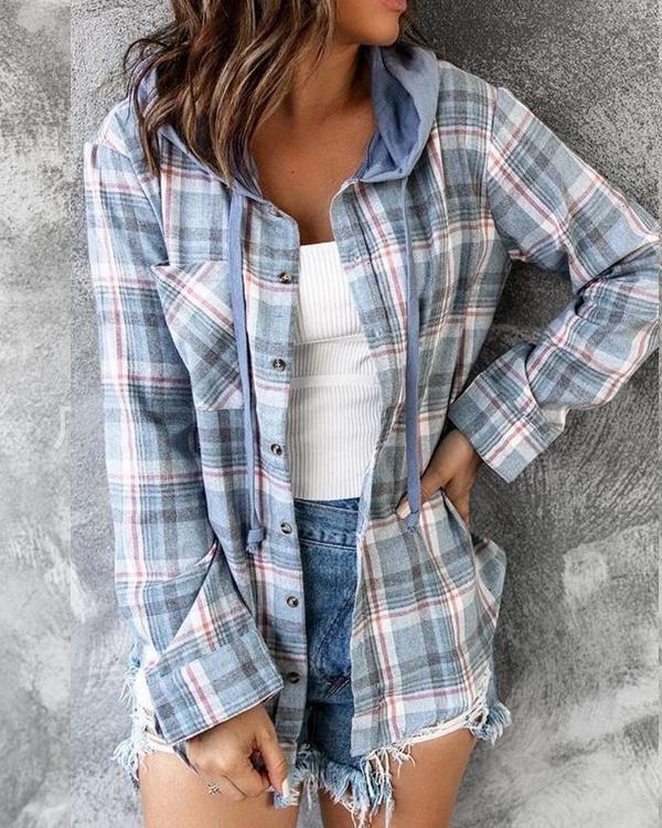 Plaid Hooded Loose-fitting Jacket Coat