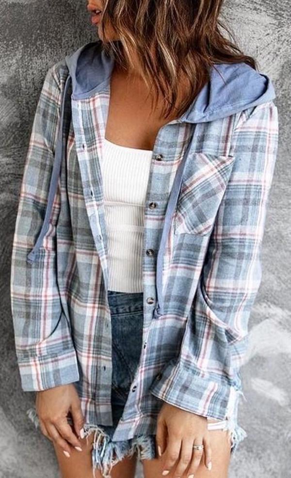 Plaid Hooded Loose-fitting Jacket Coat