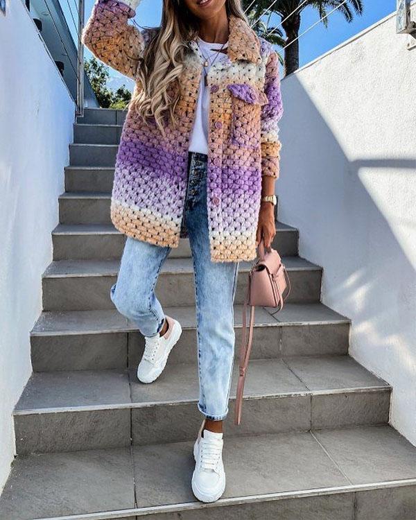 Rainbow Color Woolen-Blend Braided Coat Winter Ombre Outerwear