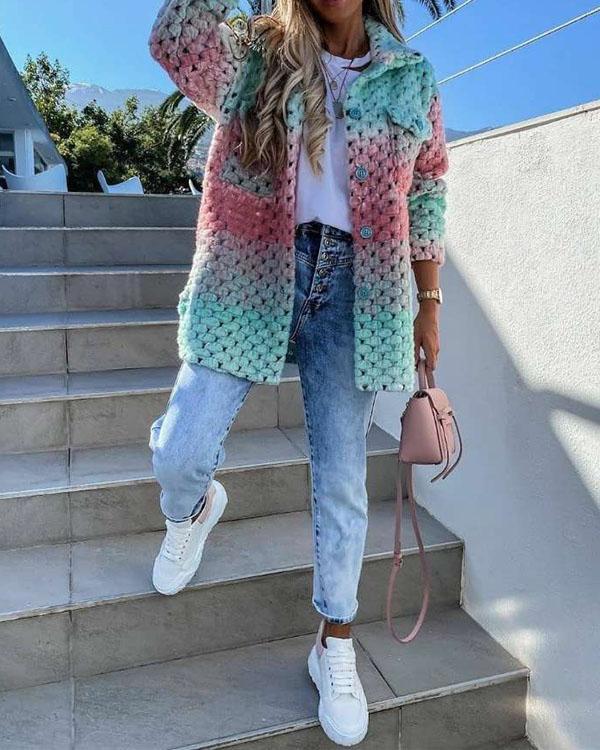 Rainbow Color Woolen-Blend Braided Coat Winter Ombre Outerwear