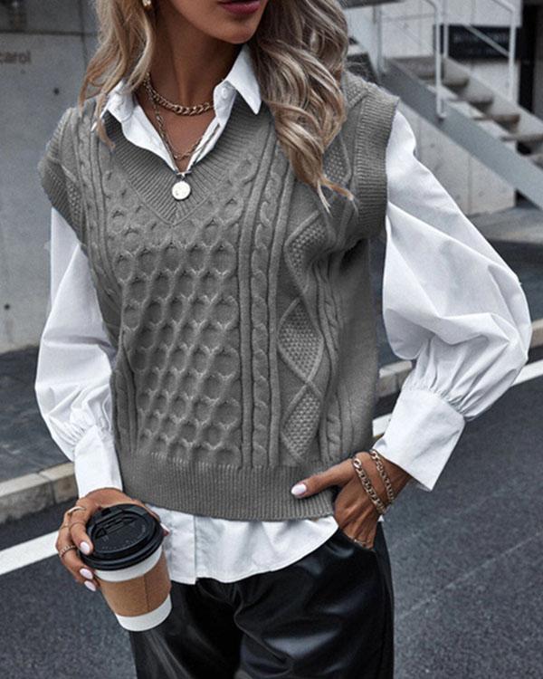 Sleeveless Sweater Cable Knit Solid Autumn Vest