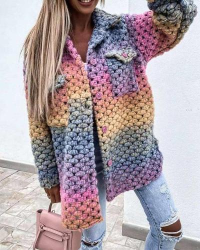 Rainbow Color Woolen-Blend Braided Coat Winter Ombre Outerwear