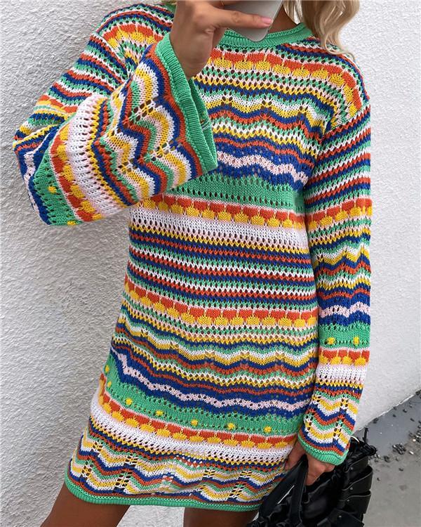 Knit sweater women rainbow striped pullover mid-length women's sweater