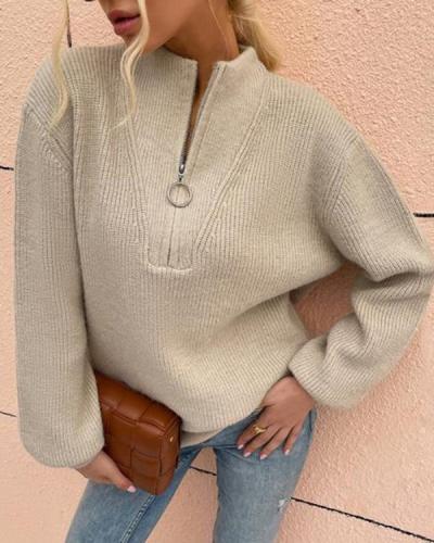 Zipper Knitted V-Neck Sweater Pullover