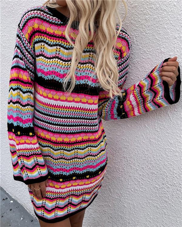 Knit sweater women rainbow striped pullover mid-length women's sweater