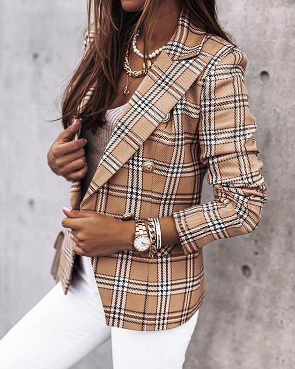 Double-Breasted Long Sleeve Notched Lapel Plaid Standard Women's Casual Blazer