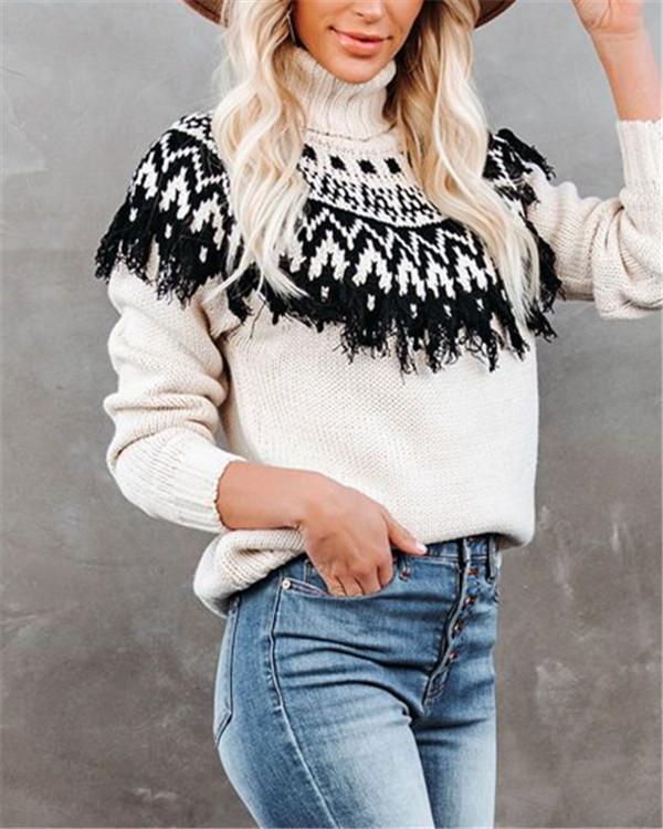Fringed Turtleneck Knit Women's Pullover Sweater