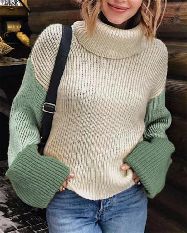 Three-color color matching turtleneck knitted sweater women