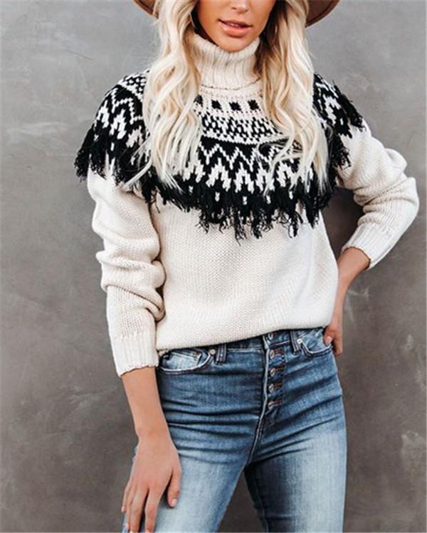 Fringed Turtleneck Knit Women's Pullover Sweater