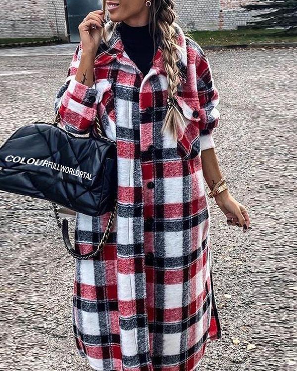 Mid-Length Plaid Print Long Sleeve Coat