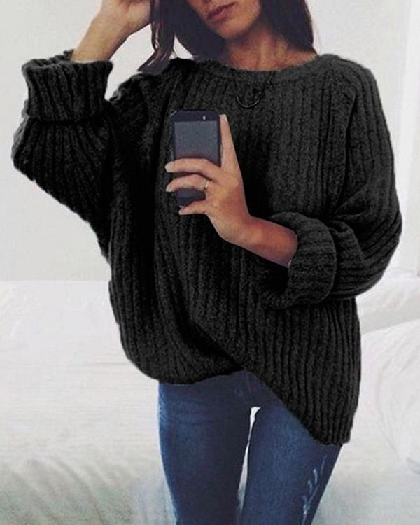 Fashion Solid Color Round Neck Knitted Sweater