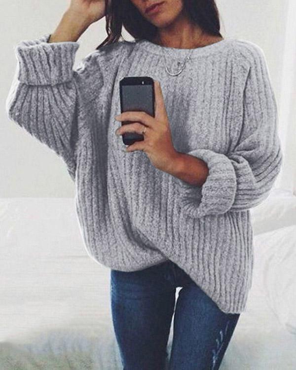 Fashion Solid Color Round Neck Knitted Sweater