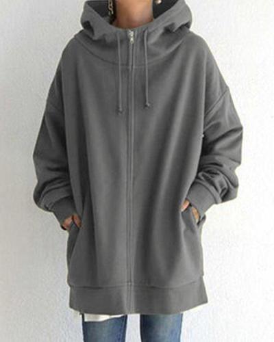 Personalized Street Style Zipper Fleece Lining Drawstring Hooded Sweatshirt