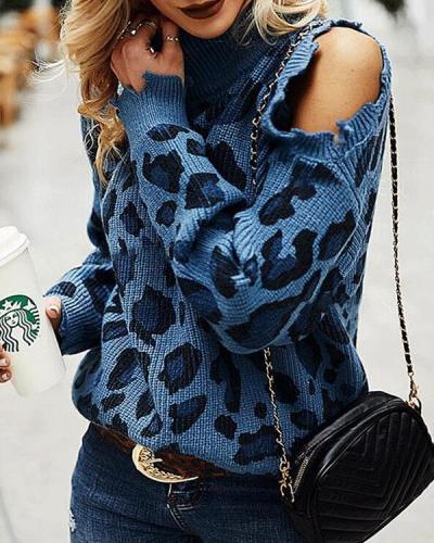 Leopard Print High Neck Long Sleeve Off-Shoulder Knitted Sweater