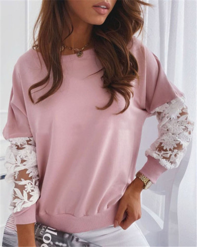Casual stitching lace hollow long-sleeved pullover sweater