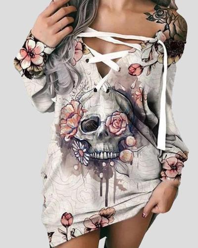 Halloween Off-The-Shoulder Printed Skull Casual Dress