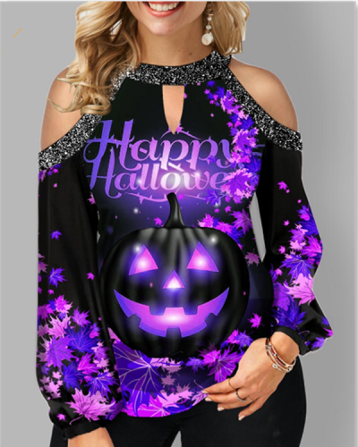 Halloween Pumpkin Off Shoulder Long Sleeve Tops