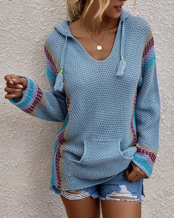 Fashion Color Block Long Sleeve Hoodie Sweater