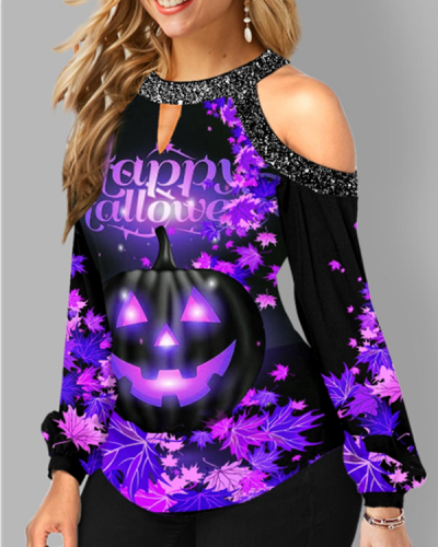 Halloween Pumpkin Off Shoulder Long Sleeve Tops